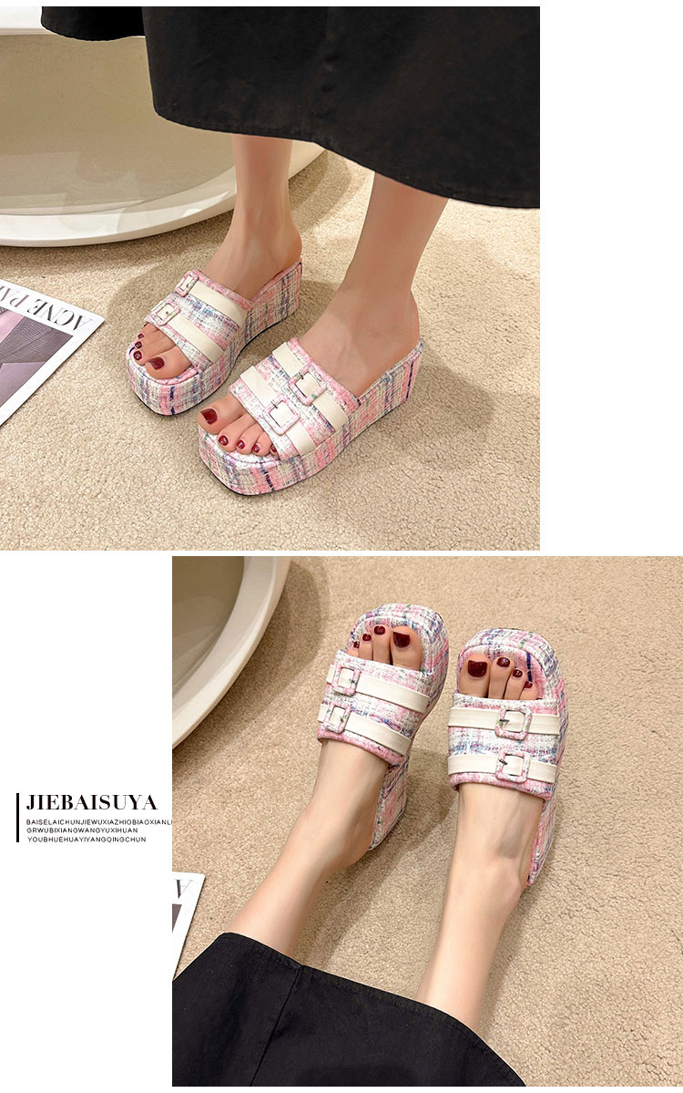 Wedge slippers for women's outer wear 2024 summer new belt buckle Internet celebrity versatile non-slip thick sole slip-on large size wholesale_voghion.com