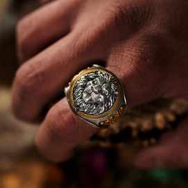 原创设计亚瑟王黄金狮子戒指925银饰纯银镶金戒指戒指男