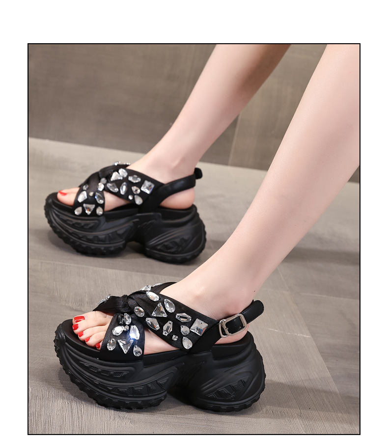 Sandal nữ đế dày tăng chiều cao đính đá phong cách La Mã — Màu đen, Màu bạc chi tiết 15
