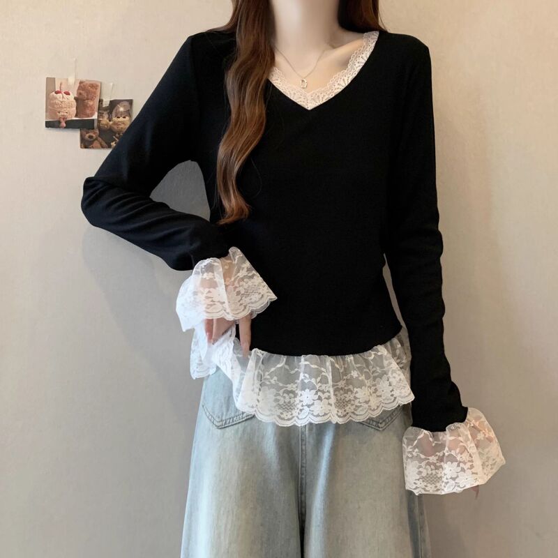 Plus Size V Neck Lace Hem Long-Sleeved T-Shirt for Women Spring & Fall New Fat mm Waist Slimming Look Bell-Sleeved Top for Women Plus Size V Neck Lace Hem Long-Sleeved T-Shirt for Women Spring & Fall New Fat mm Waist Slimming Look Bell-Sleeved Top for Women