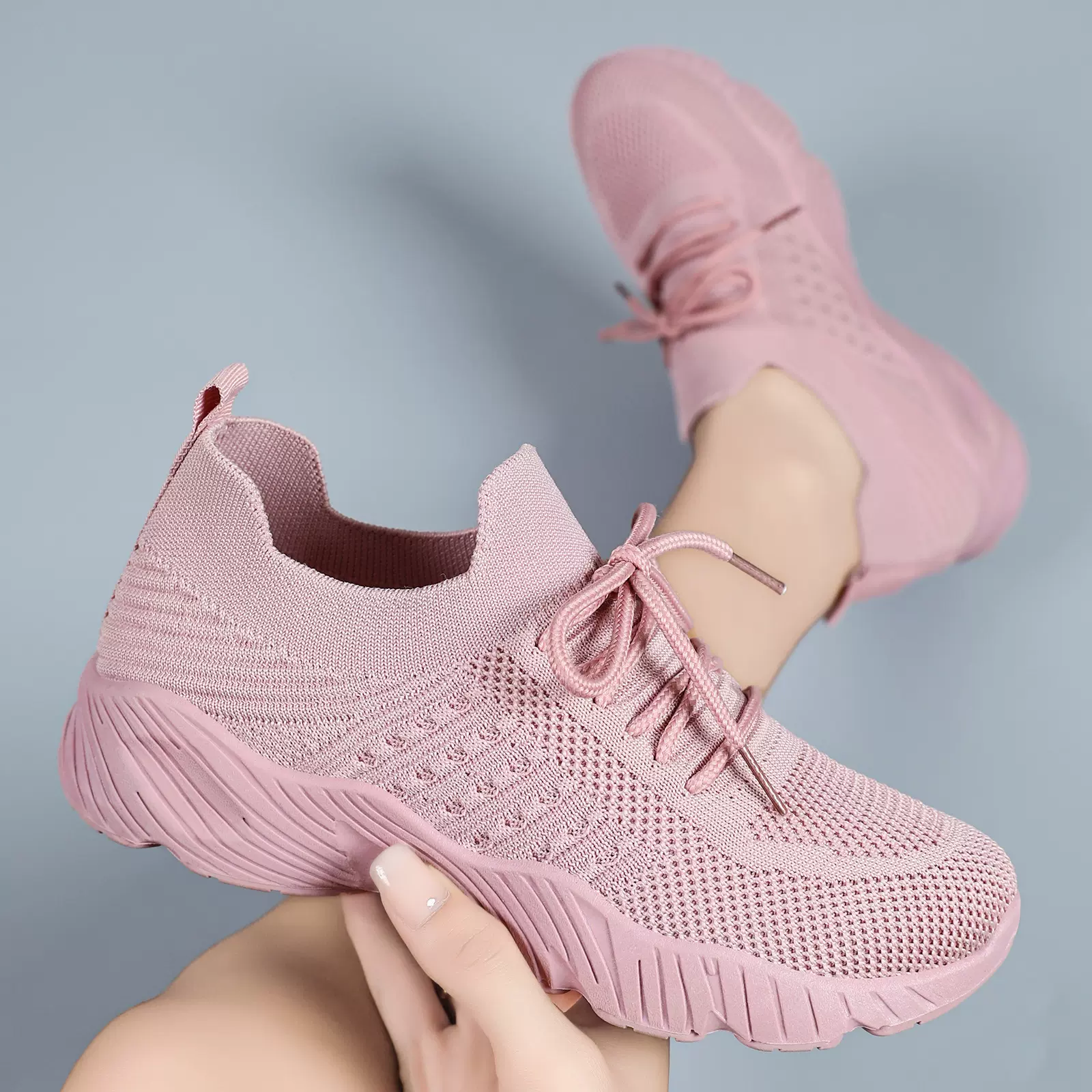 休闲鞋跨境代发女鞋新款透气飞织鞋厚底增高鞋女舒适网鞋百搭单鞋