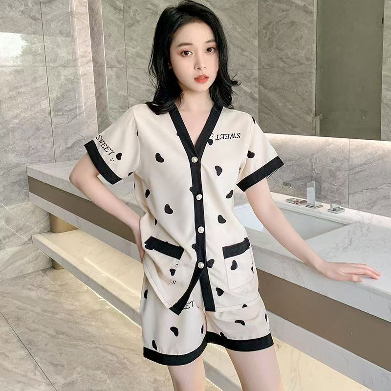 Pijama de seda de hielo para mujeres 2025 nuevo verano delgado de manga corta de seda de verano de algodón Walwind set de ropa para el hogar image 7