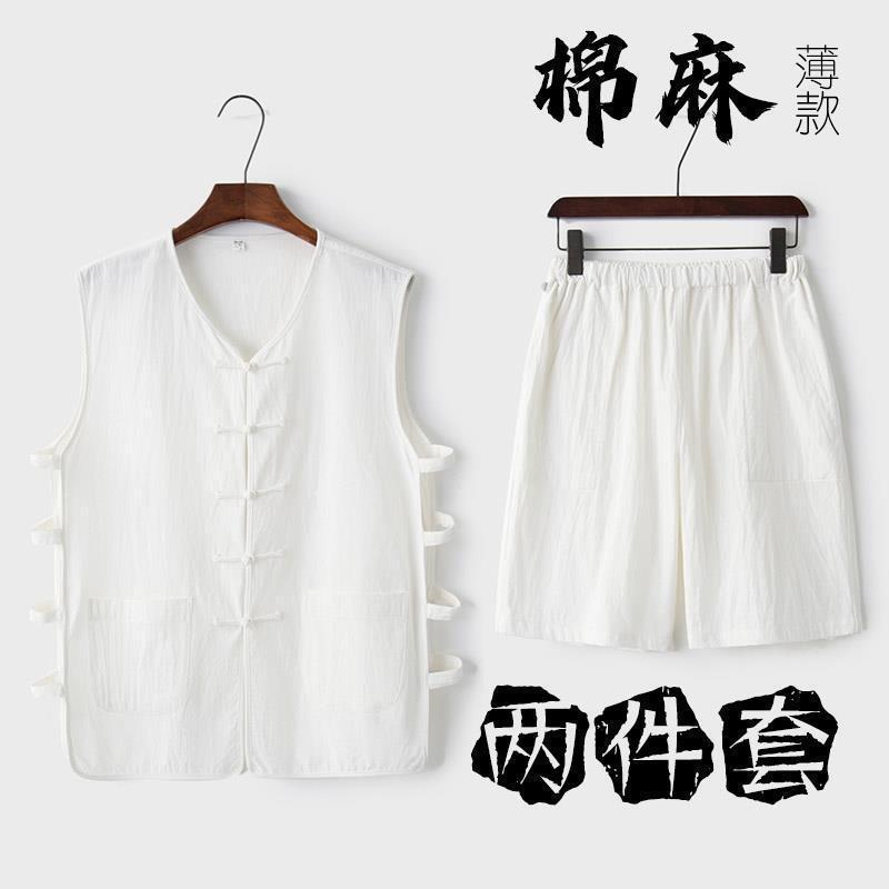 Chaleco sin mangas de lino de verano pantalones cortos chaleco delgado chaleco traje Tang chaqueta traje retro chino para hombre viejo image 2