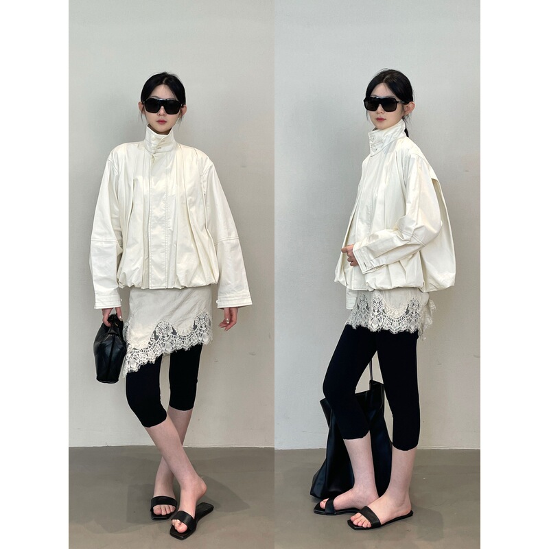 Zedaijiai same style poplin cotton jasmine white stand-up collar pleated bud jacket women's balloon silhouette jacket Zedaijiai same style poplin cotton jasmine white stand-up collar pleated bud jacket women's balloon silhouette jacket