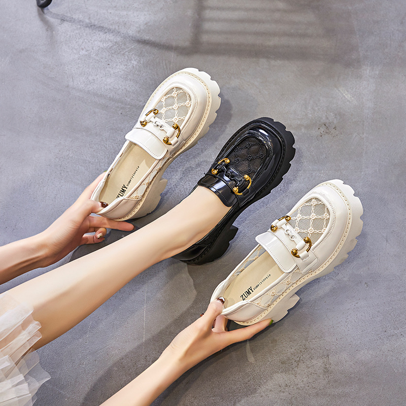Patent Leather Mesh Cut Out British Style Small Leather Shoes for Women 2024 Summer New Thick-Soled Thick-Heeled Loafers Breathable Shoes