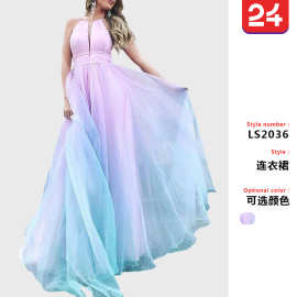 2025新款欧美外贸女装大摆收腰渐变连衣裙 亚马逊性感深V礼服长裙