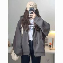 加绒百搭秋冬连帽拉链显瘦卫衣女韩版慵懒加厚休闲毛绒绒保暖外套