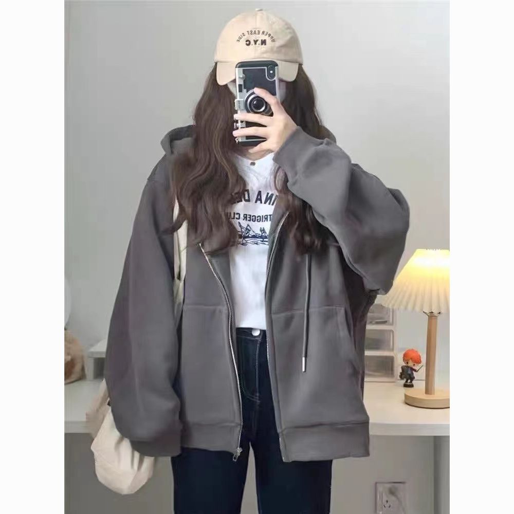 加绒百搭秋冬连帽拉链显瘦卫衣女韩版慵懒加厚休闲毛绒绒保暖外套