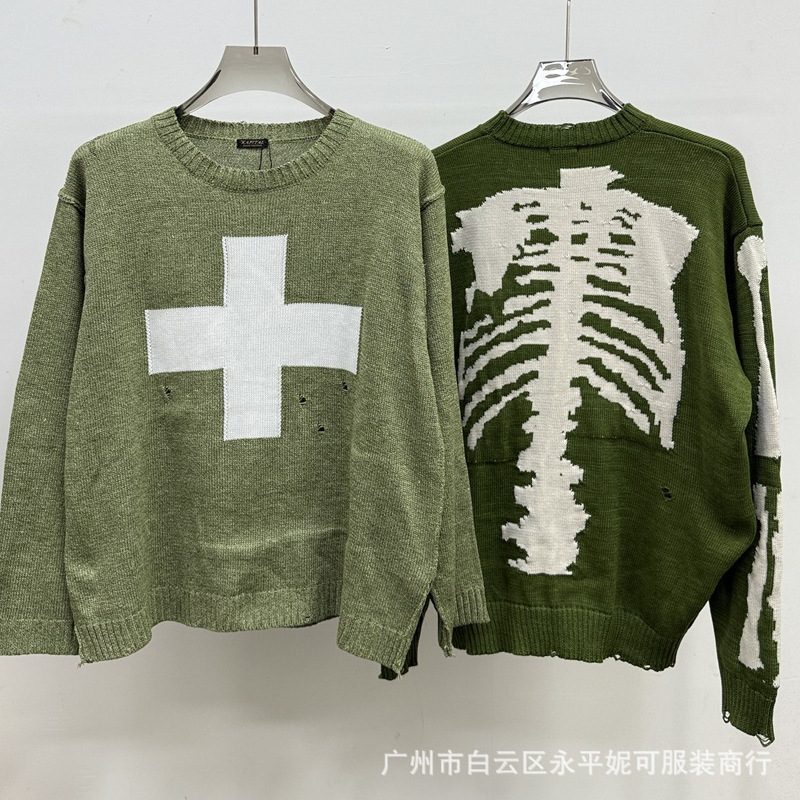 Kapital Sweater Cross Bone Frame Ripped Knitwear Japanese Style Retro Pullover Loose Long-Sleeved Knitwear Kapital Sweater Cross Bone Frame Ripped Knitwear Japanese Style Retro Pullover Loose Long-Sleeved Knitwear