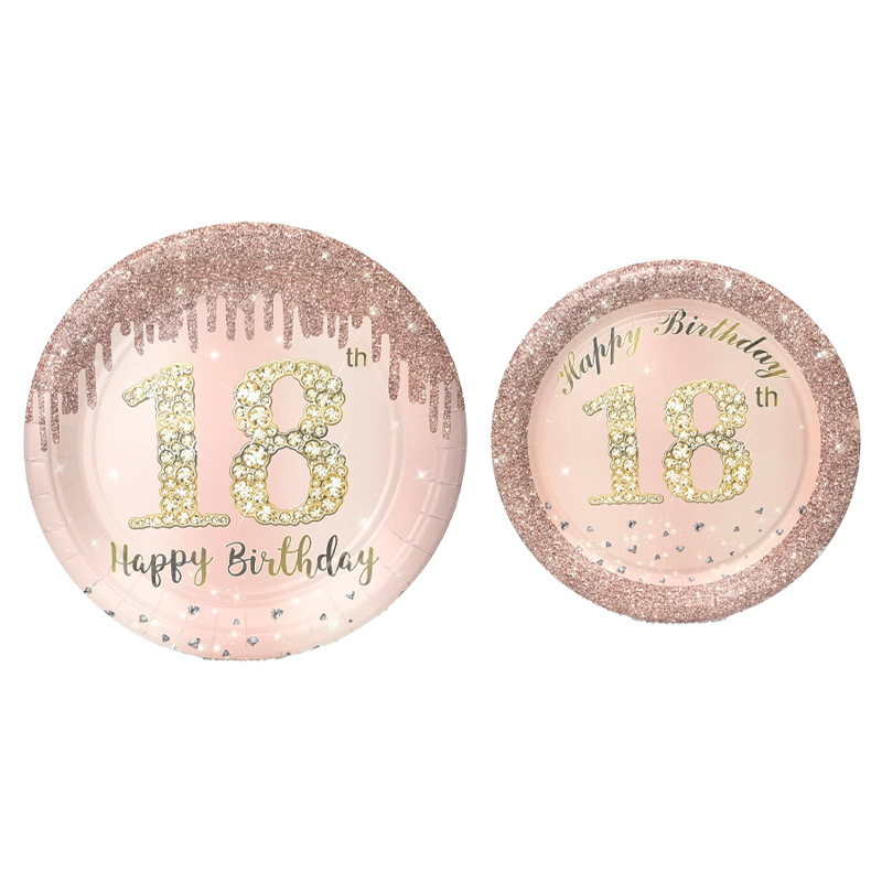 跨境玫瑰金主题一次性餐盘纸杯纸巾装饰儿童成人生日派对气氛拉旗