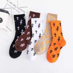 Branding socks with a cross, minimalist style, trendy casual sports cotton knee-high socks, fashionable socks