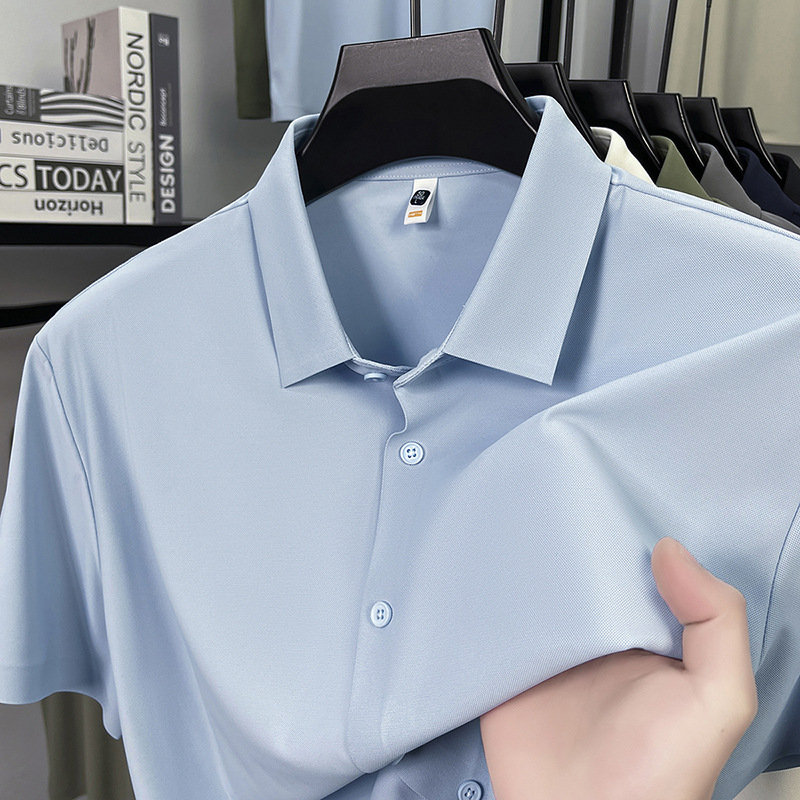 Yagor Men's Summer Ice Silk Seamless Solid Color Short Sleeve Shirt for Middle-Aged Businessmen, Wrinkle-Resistant, Cool and Breathable
