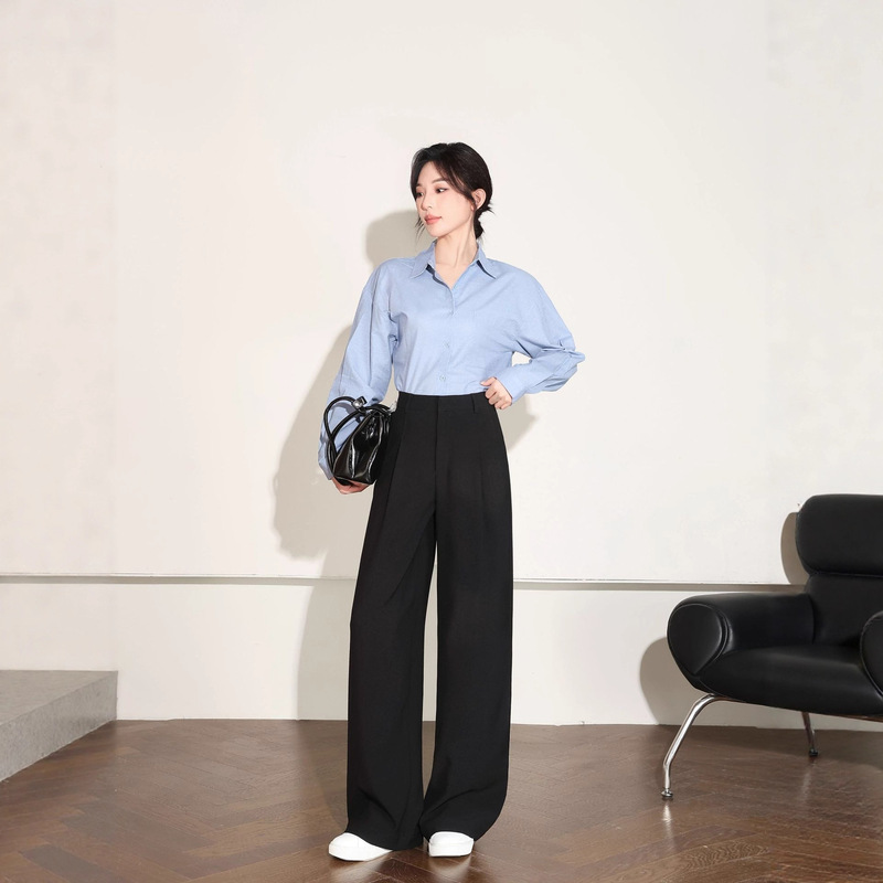 Anchen Black Loose-Fitting Slimming Wide-Leg Pants 2026 Casual Long Pants for Women Spring and Autumn Work Commute Drapey Suit Pants