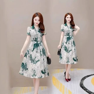 高贵洋气印花连衣裙女2025夏新款收腰显瘦爆款女神范系带A字裙子