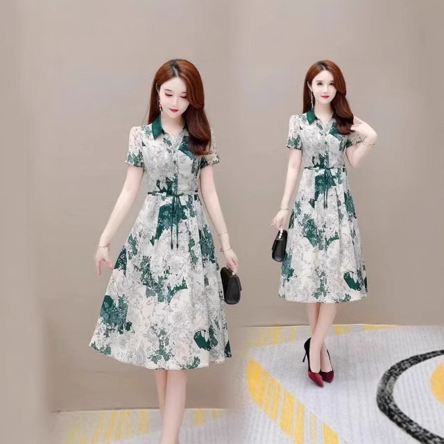 Noble and Stylish Printed Dress for Women 2025 Summer New Style Waist Slimming Goddess Style Lace-Up A-Line Skirt