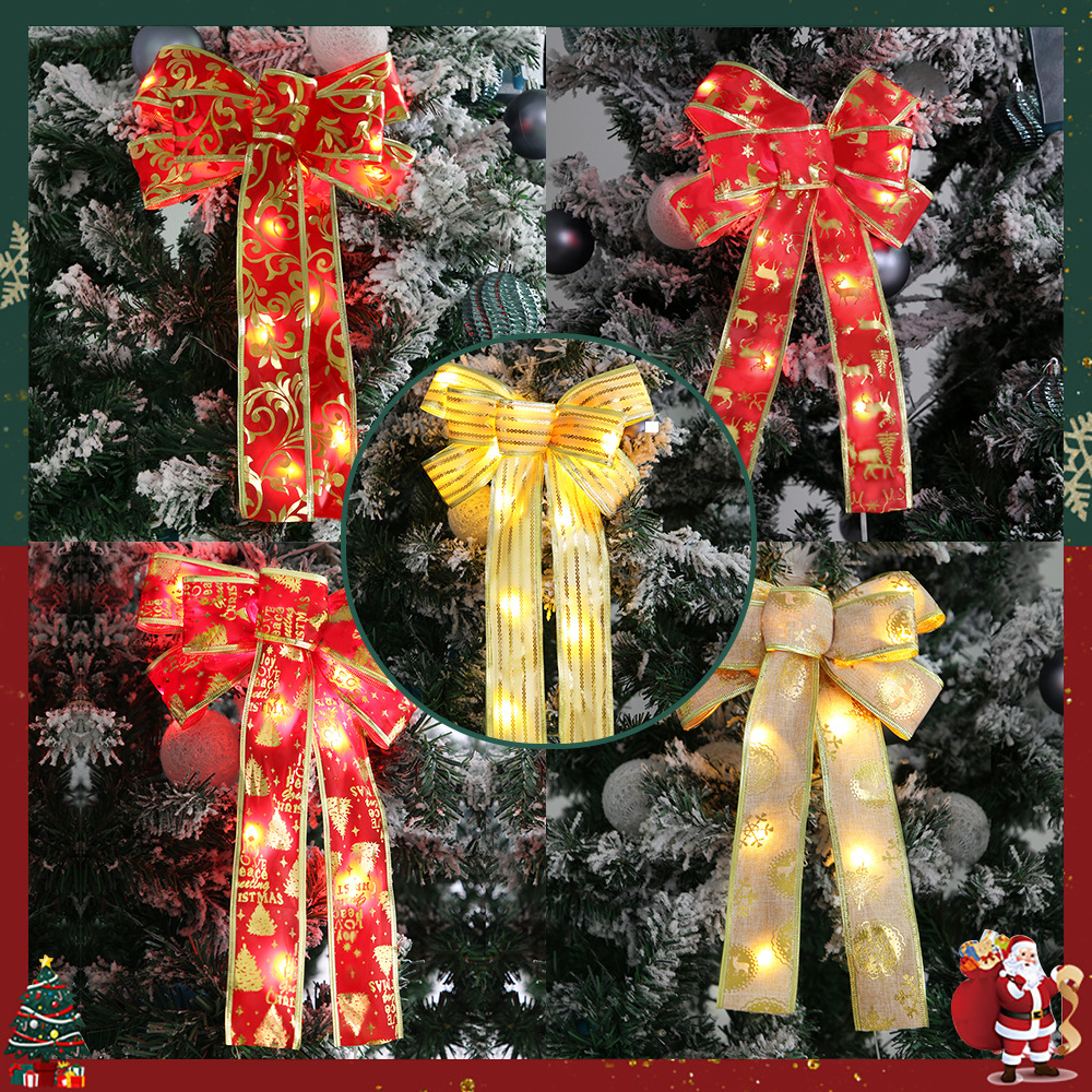 2024 New Christmas Decoration Warm Light Christmas Bow Tie Hanging Ornament Christmas Tree Decoration Glowing Gold Edge Bow Tie