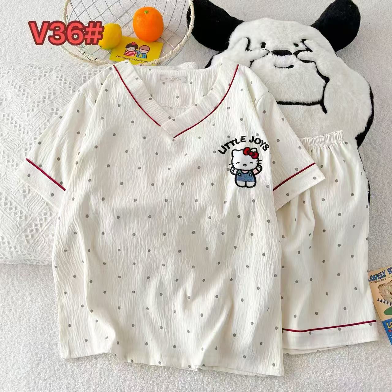 Al por mayor transfronterizo de Vietnam nubes de algodón de manga corta pantalones cortos pijamas de niñas de cuello en V chaqueta de dibujos animados set de ropa para el hogar