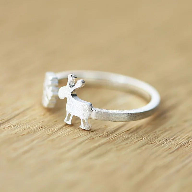 韩版s925银个性圣诞麋鹿小清新指环开口设计简约小鹿雪花拉丝戒指