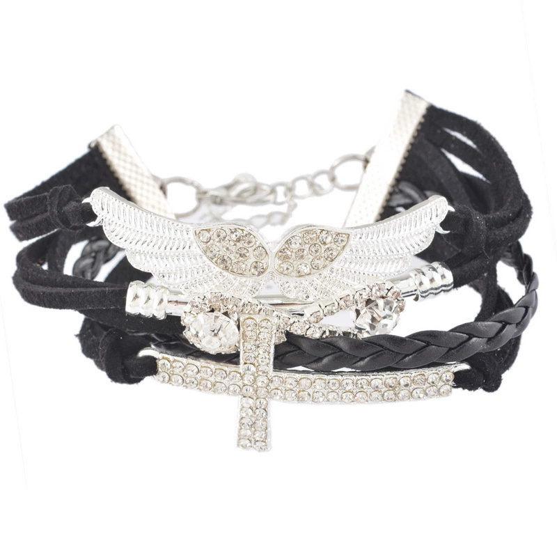Специальное предложение Европейская и американская личность Черный бриллиантовый крест с крыльями, смешанный модный браслет 24x2,5 см-1 шт.