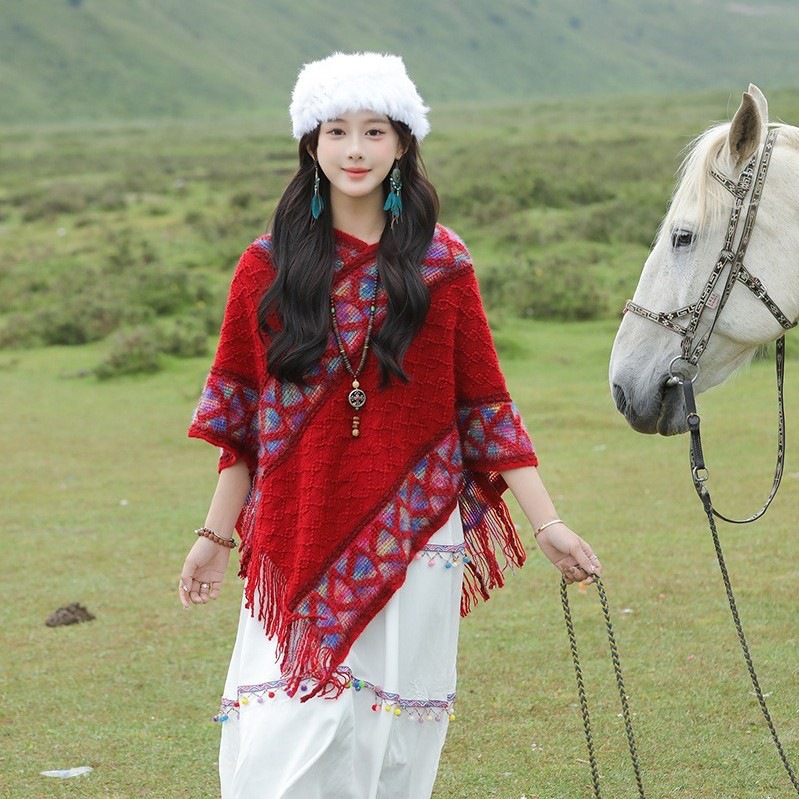 Ethnic Style Scarf, Warm Shawl for Women, Yunnan and Qinghai Grassland Travel Outfit, Versatile and Fashionable Cape