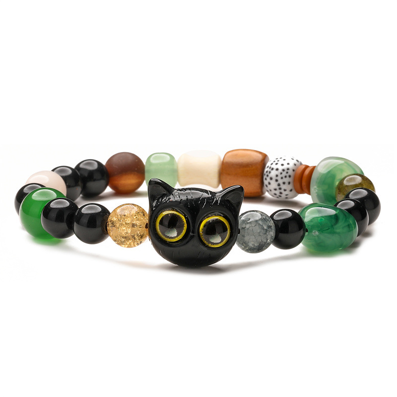 Pulsera de cuentas de piedra de ágata natural, polleras de cuentas de estilo chino para mujeres, personalidad de gatos, joyas de estilo nacional retro