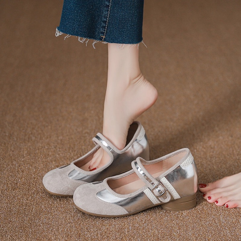 Sheepskin Version! Suede Color-Blocked Mary Jane Shoes with Hidden Height Increase, Soft Sole, Round Toe, Chunky Heel, Slip-On Ballet Flats Sheepskin Version! Suede Color-Blocked Mary Jane Shoes with Hidden Height Increase, Soft Sole, Round Toe, Chunky Heel, Slip-On Ballet Flats