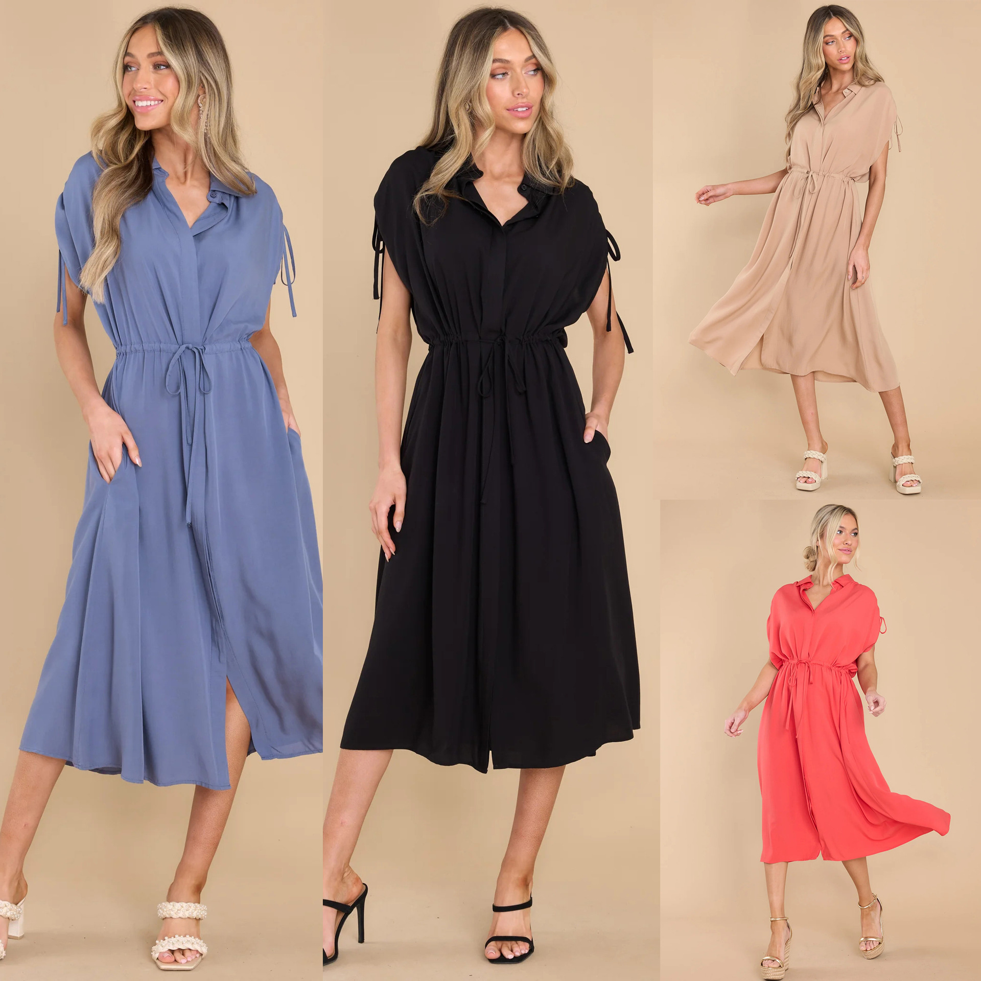 Single-breasted drawstring dress - Side View