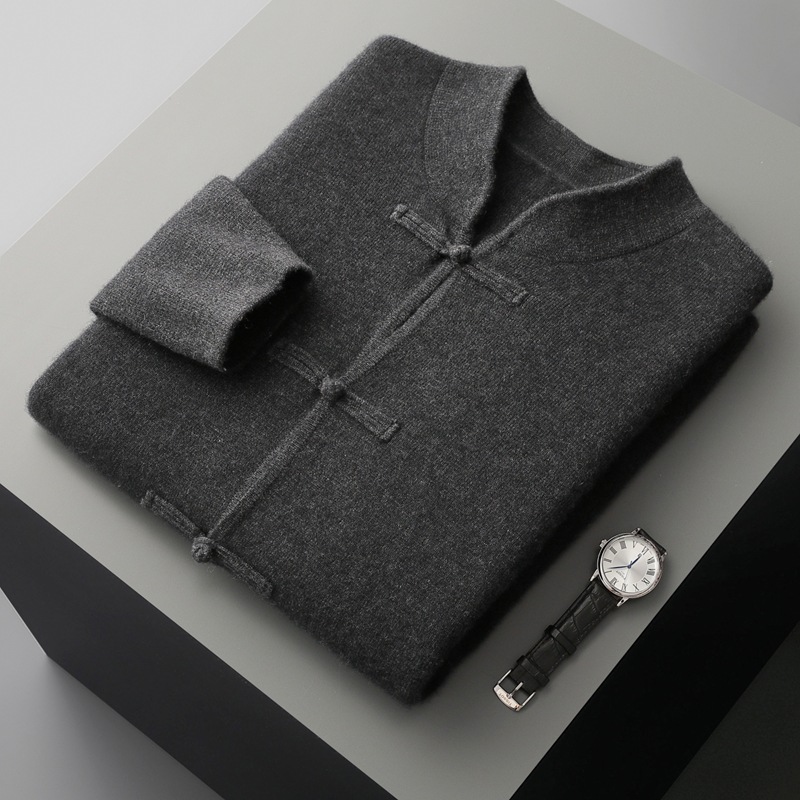 2024 Autumn/Winter Men's Wool Cardigan New Chinese Style Button Jacket Fashionable Vintage V-Neck Cardigan Amazon Hot Item