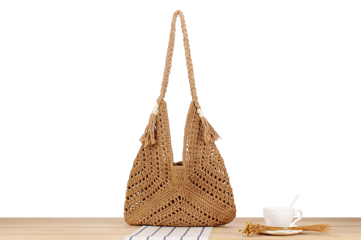 Women's Large Cotton Solid Color Vacation Beach Weave Bucket Open Straw Bag display picture 4