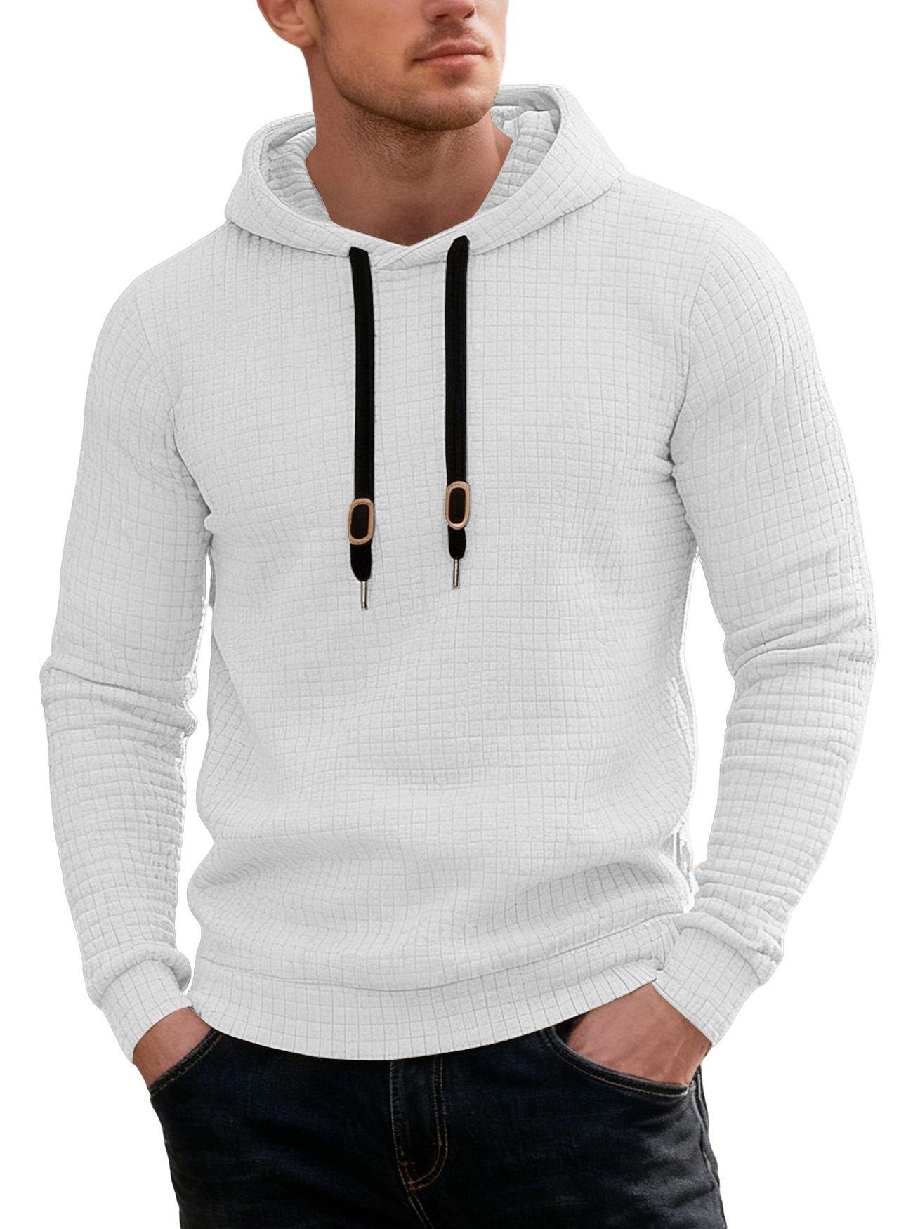 Transfronterizo tamaño europeo Amazon primavera y otoño casual sombrero de manga larga con cuerda de sombrero pegada Jacquard pequeño cuadrado chaqueta de hombre