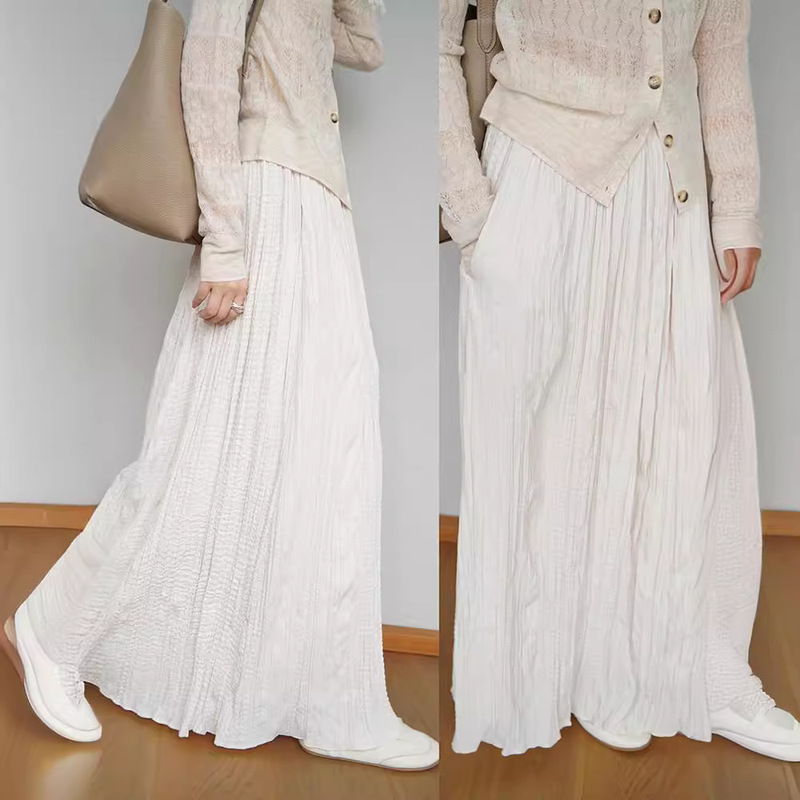 Romantic Fluttering Dress_Soft Beige_Soft Thin Wrinkled Long Skirt Dropshipping