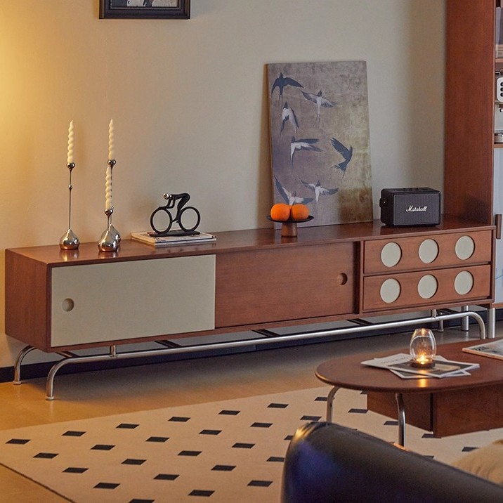 Nordic Solid Wood Tv Cabinet for Home Small Apartment Stainless Steel Wall Storage Cabinet Living Room Antique Style Storage Audio-Visual Cabinet