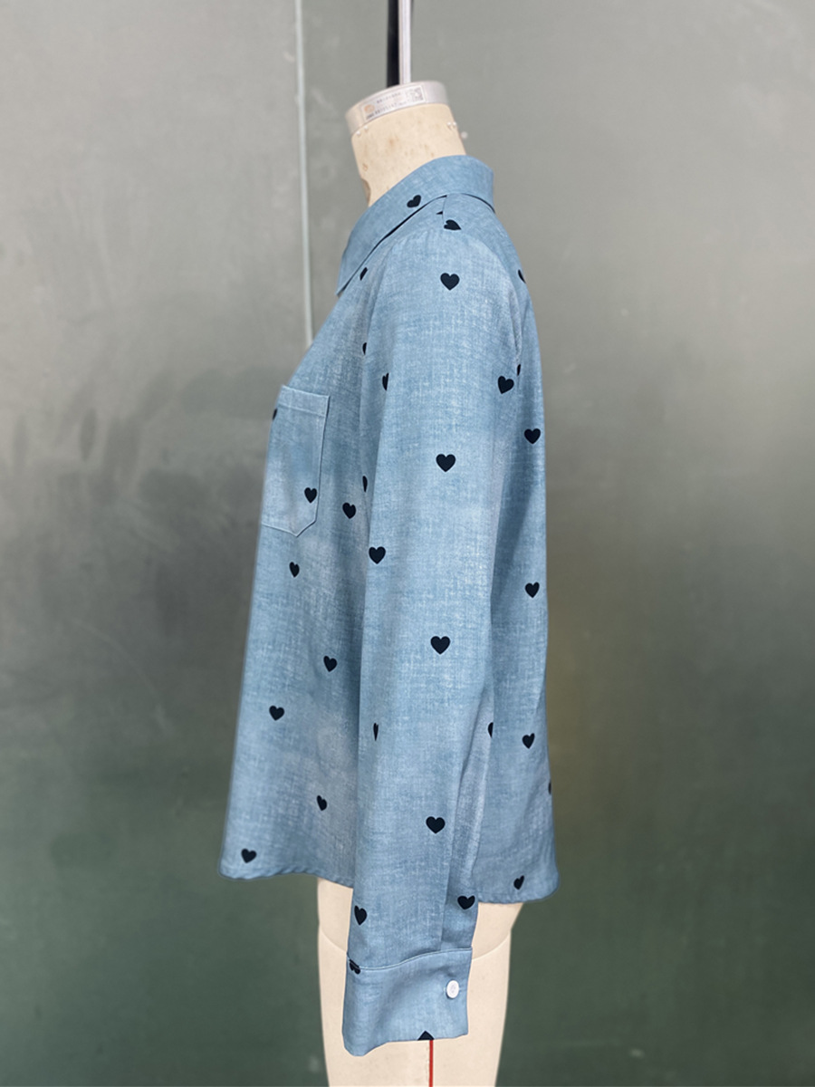 Elegant Long-sleeve Blouse With Polo Collar And Digital Print_voghion.com