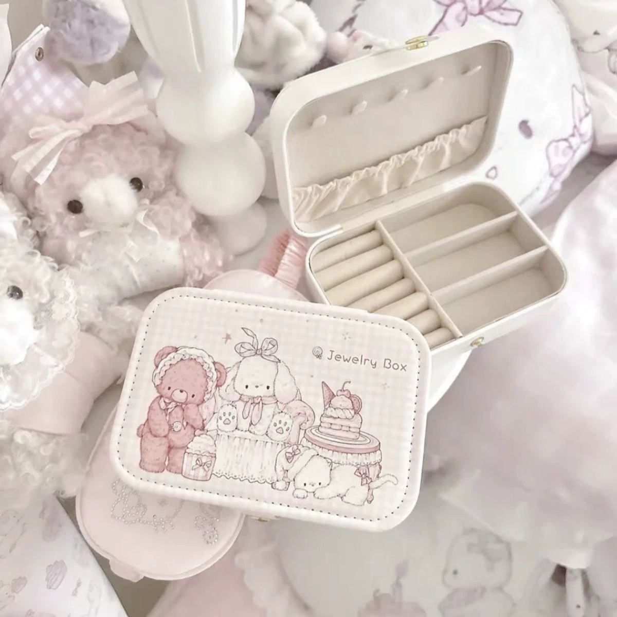 Travel Jewelry Box, Rectangular White Handheld Storage System, Compact with Ring Rolls & Compartments