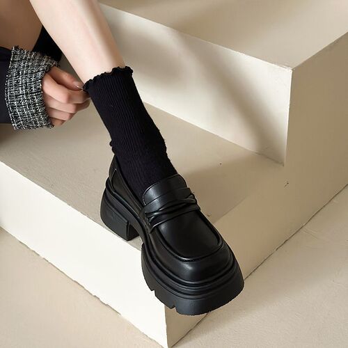 British style small leather shoes women's 2025 new autumn and winter platform sole step-on black loafer single-layer shoes ins