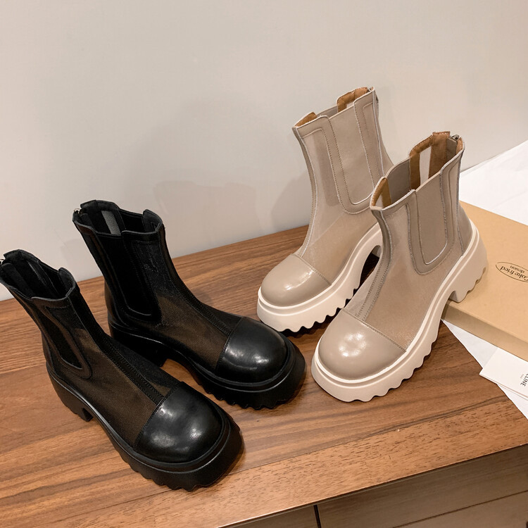 Boot ngắn nữ da bò mũi tròn đế dày thoáng khí khóa kéo sau — Màu đen, Màu mơ chi tiết 133