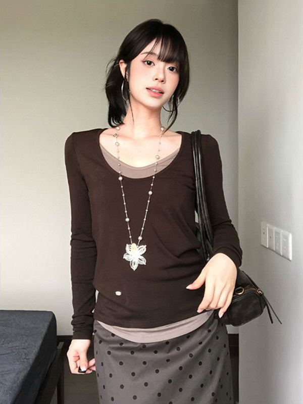 韩系慵懒假两件U领长袖T恤女秋季修身显瘦别致撞色拼接打底衫上衣|undefined