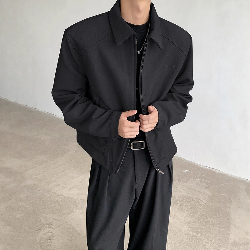 Leanfit Black Short Jacket Men's Spring & Fall High-End Handsome Shoulder Pad Lapel Right Shoulder Baseball Uniform