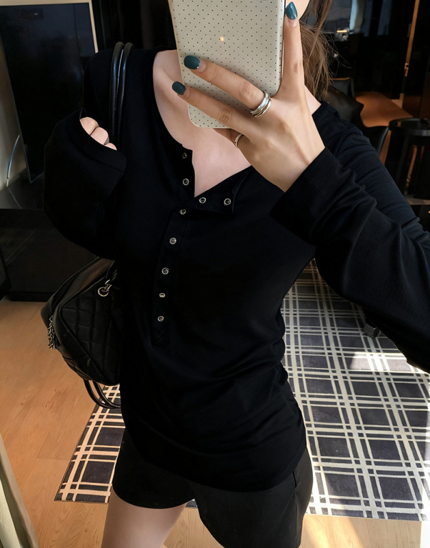 韩系半扣设计纯色修身长袖T恤女2025秋季新款气质显瘦百搭打底衫|undefined