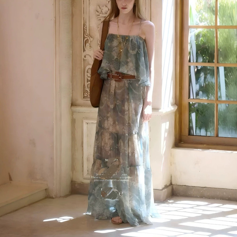 Shenzhen Nanyou Resort-Style Dress with Belt, Dark Blue and Turquoise Interwoven Long Fashion Boutique Women's Clothing