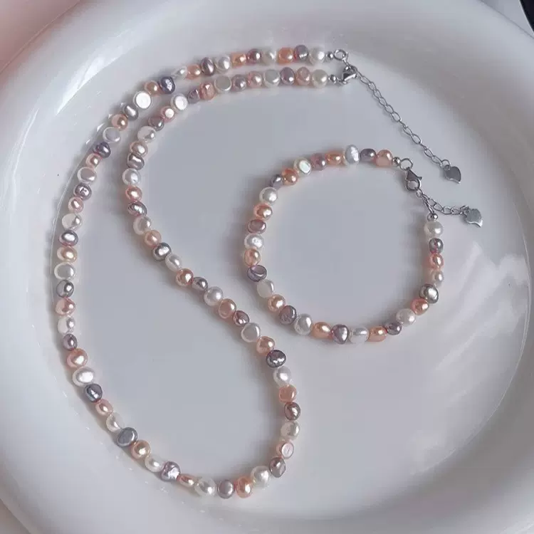 诸暨新款s925银多巴胺夏季混彩糖果色天然淡水巴洛克珍珠项链女厂