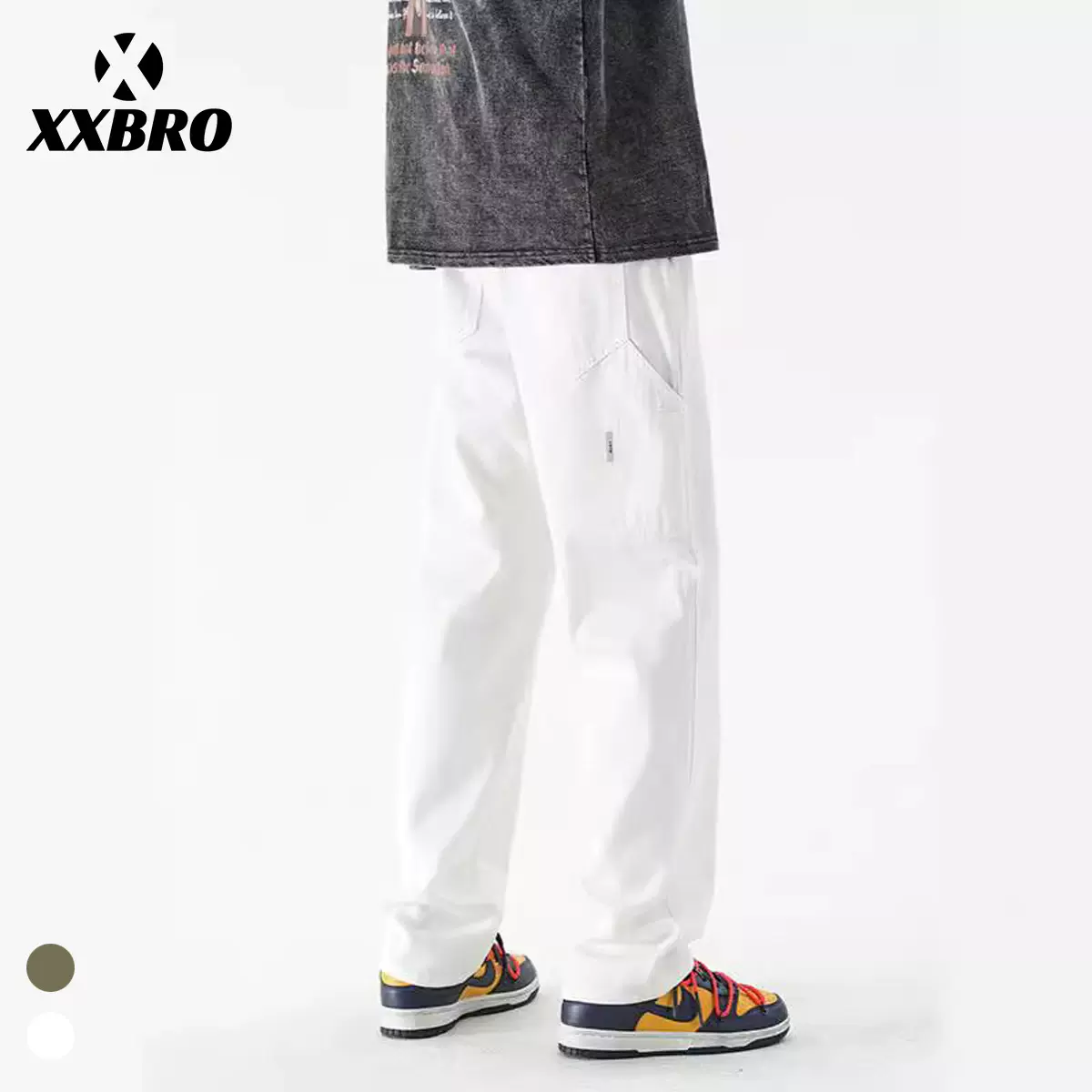 xxbro男装#美式潮牌秋冬季cleanfit风高街白色牛仔裤宽松直筒裤子