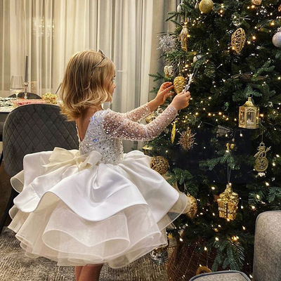 children Dress skirt white Long sleeve Lace Sequins costume Little Girl birthday banquet Foreign trade full dress