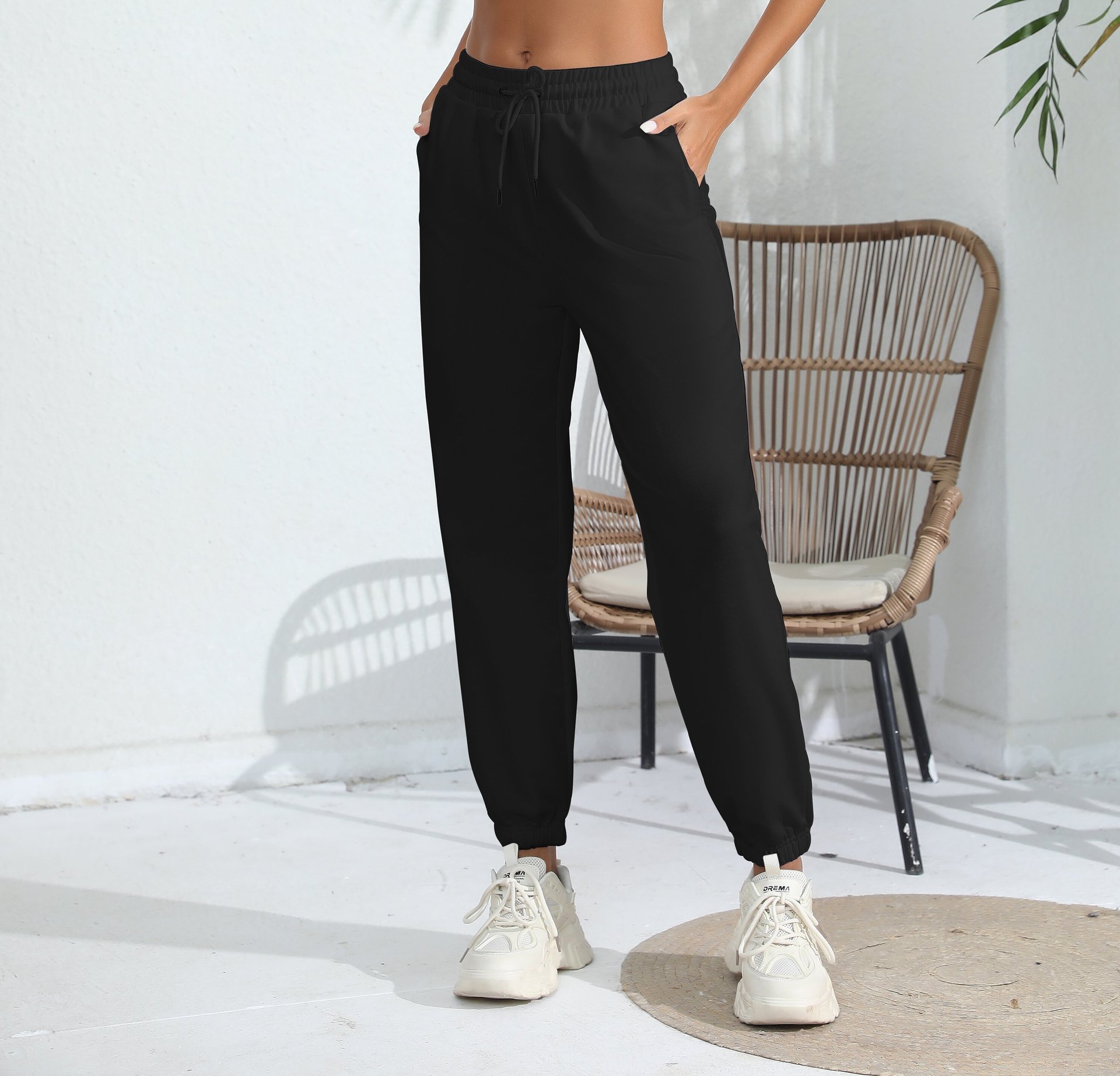Pantalon de survêtement en polaire noir pour femmes, décontracté, jogging, sport, taille haute, pieds amples, pour la maison_voghion.com