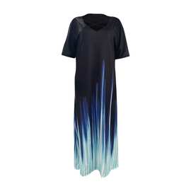 wish 亚马逊 欧美夏季渐变定位印花V领短袖大码口袋连衣裙长裙