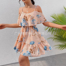 2025欧美亚马逊跨境女士优雅印花意大利面带褶皱褶边腰部A线短裙