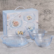 創意海洋餐具四件套家用水晶藍色玻璃碗盤水果沙拉碗湯碗套裝禮品