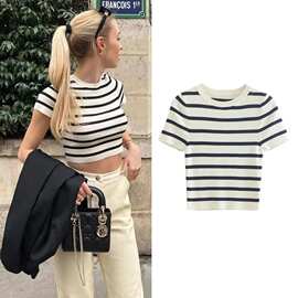 欧美风短袖针织衫上衣秋女装新款条纹圆领短袖针织上衣毛衣跨境女