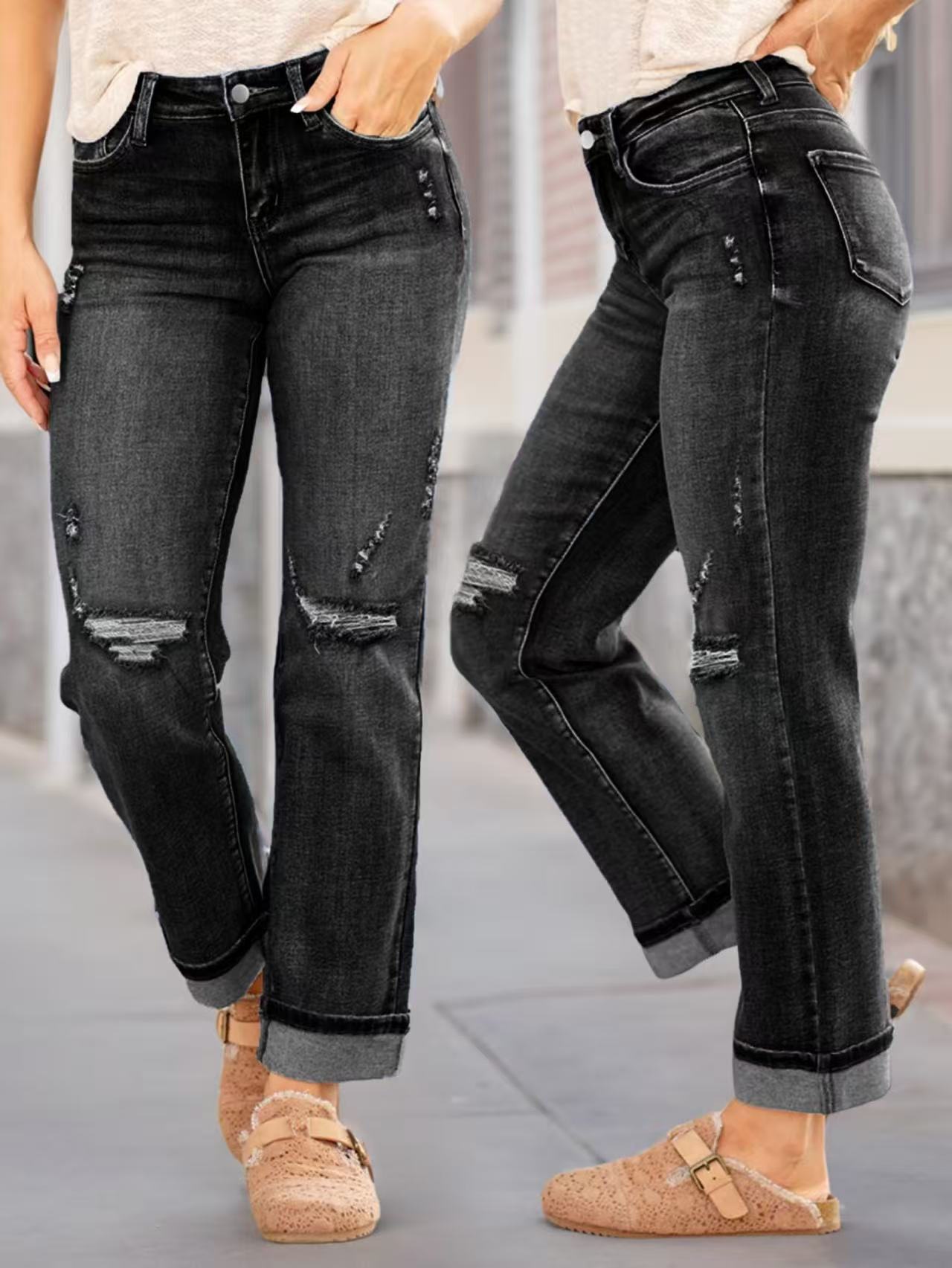 Women's Mid-Rise Straight Leg Jeans - Comfortable Distressed Denim Pants With Sandwashed Finish For Casual & Streetwear_ecoleips.com