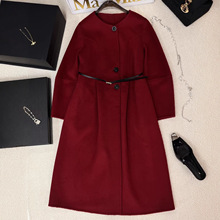 南油秋冬毛呢大衣女中长款羊毛呢子外套大衣圆领皮腰带[玫瑰系列]